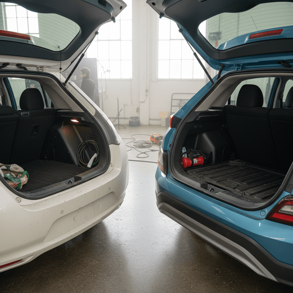Side-by-side interior and cargo views of a Nissan Leaf hatchback and Hyundai Kona Electric crossover, emphasizing practicality for used EV buyers