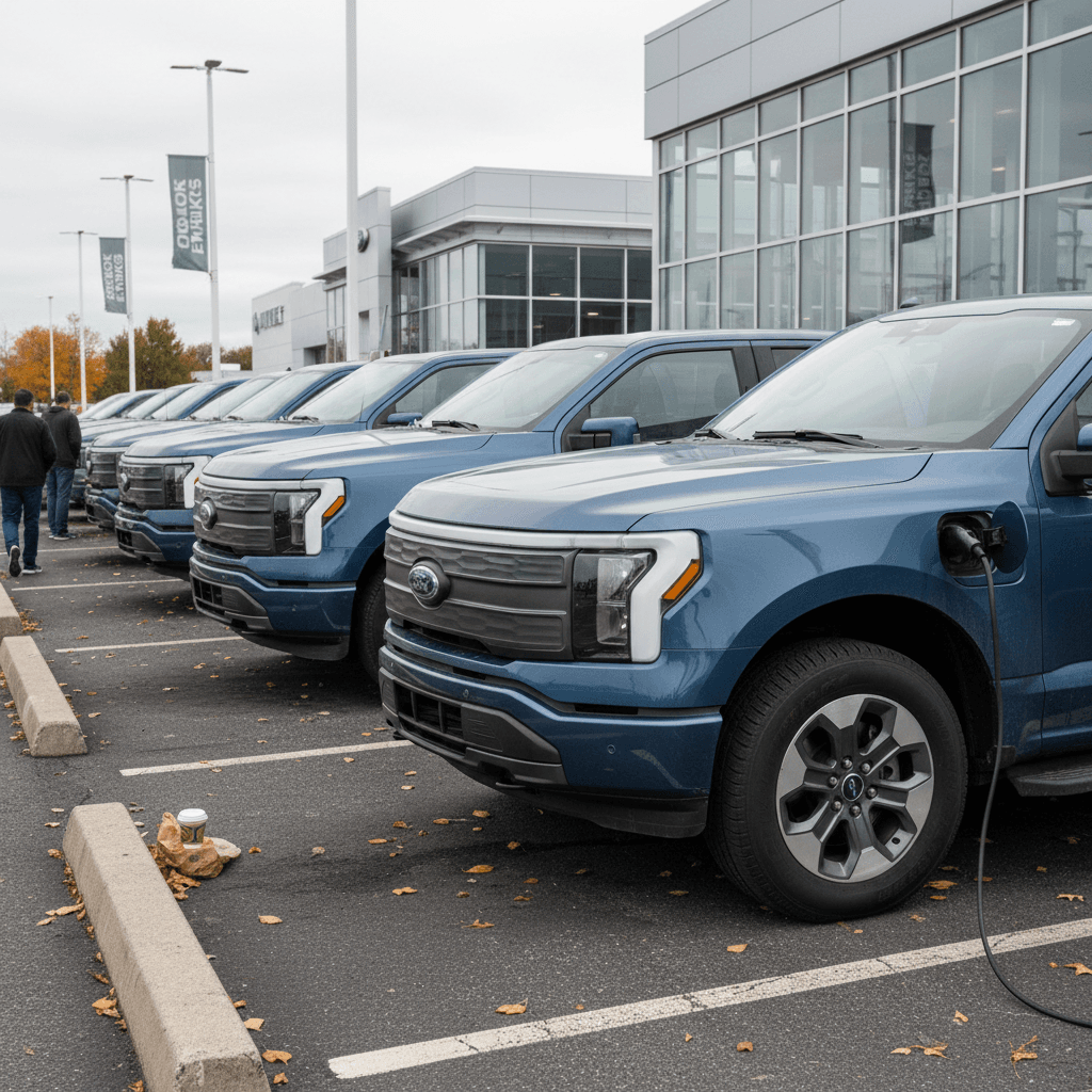 Line of used Ford F-150 Lightning electric trucks on a dealership lot highlighting used EV resale market