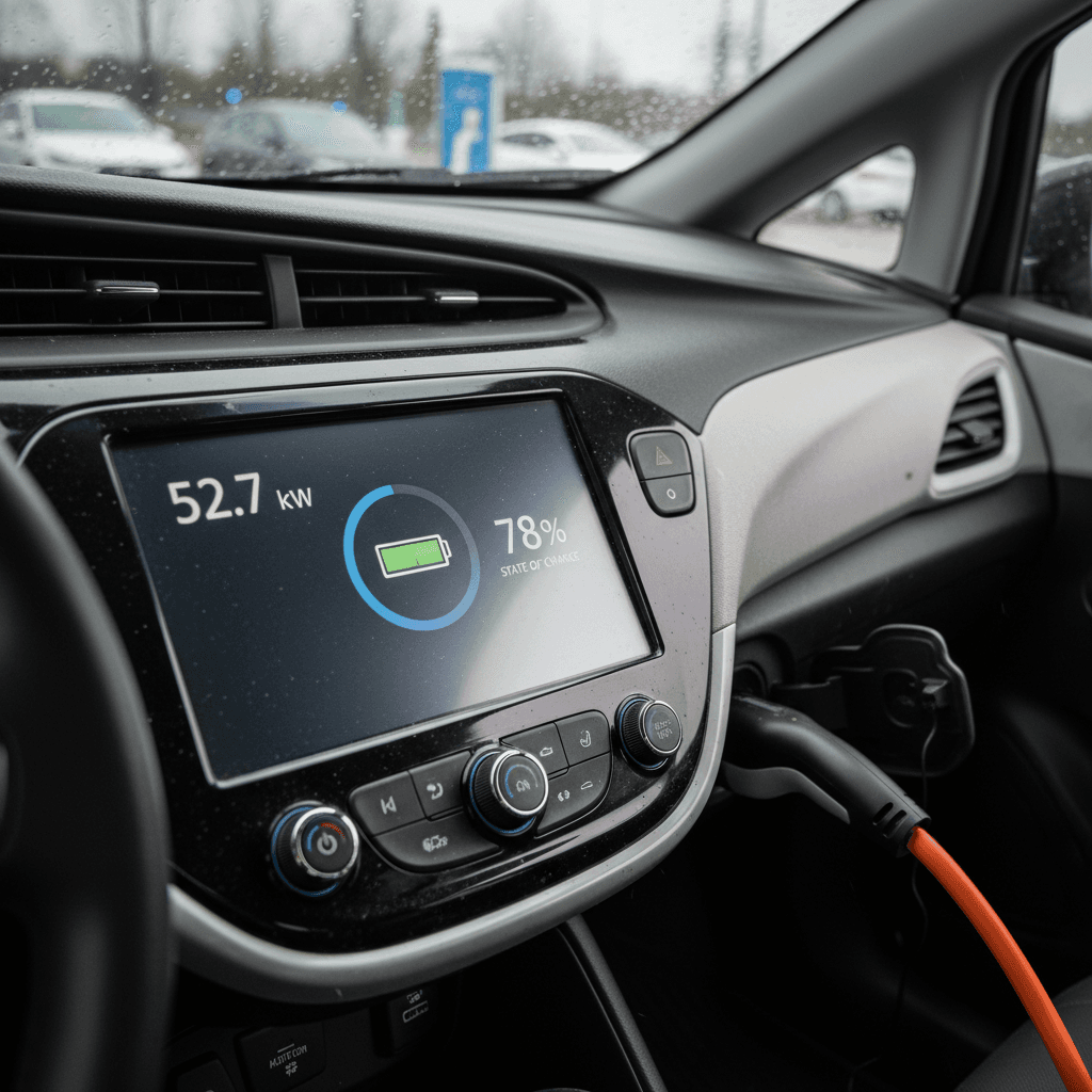 Chevy Bolt EV digital gauge cluster showing state of charge, remaining range, and energy usage while cruising on the highway