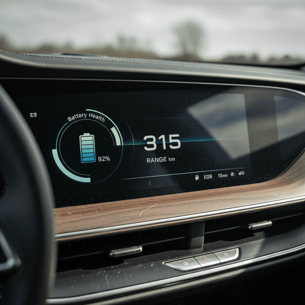 Cadillac Lyriq style electric vehicle dashboard showing battery range and state of charge display