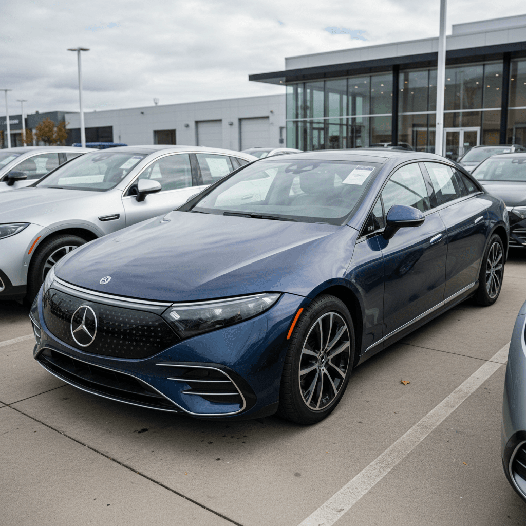 Row of used Mercedes EQS sedans and SUVs parked at a dealership with visible price stickers, illustrating heavy depreciation.