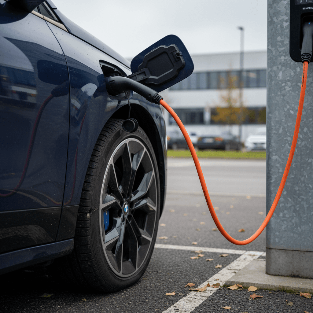 BMW iX plugged into a DC fast charger, close-up of charging port and wheel