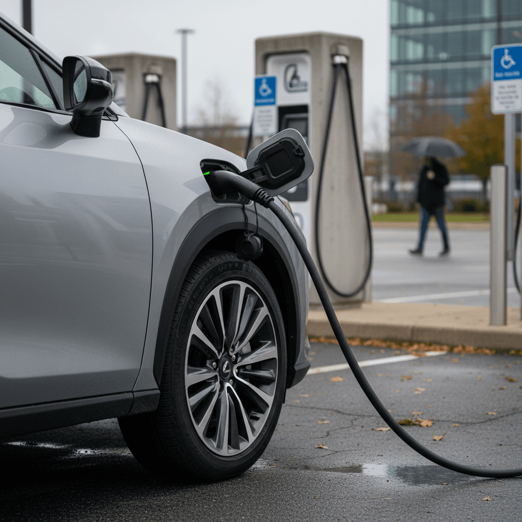 Lexus RZ charging at a public DC fast charger, highlighting wheel and charge port detail