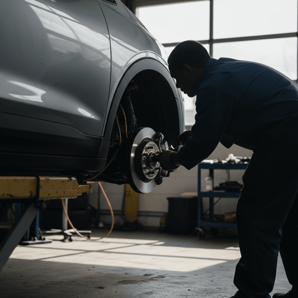 Mechanic performing maintenance on the battery and underbody of an electric vehicle on a lift