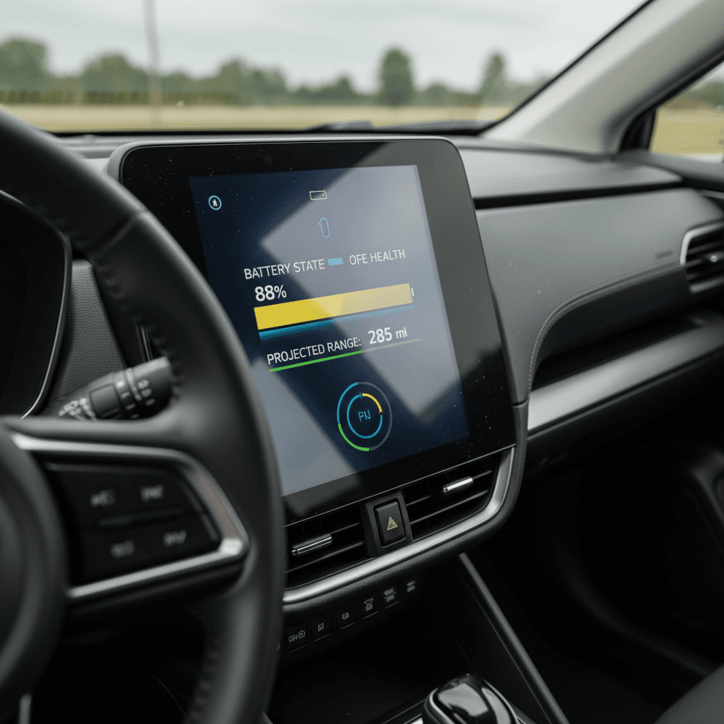 Digital instrument cluster of an EV showing battery health status and estimated driving range