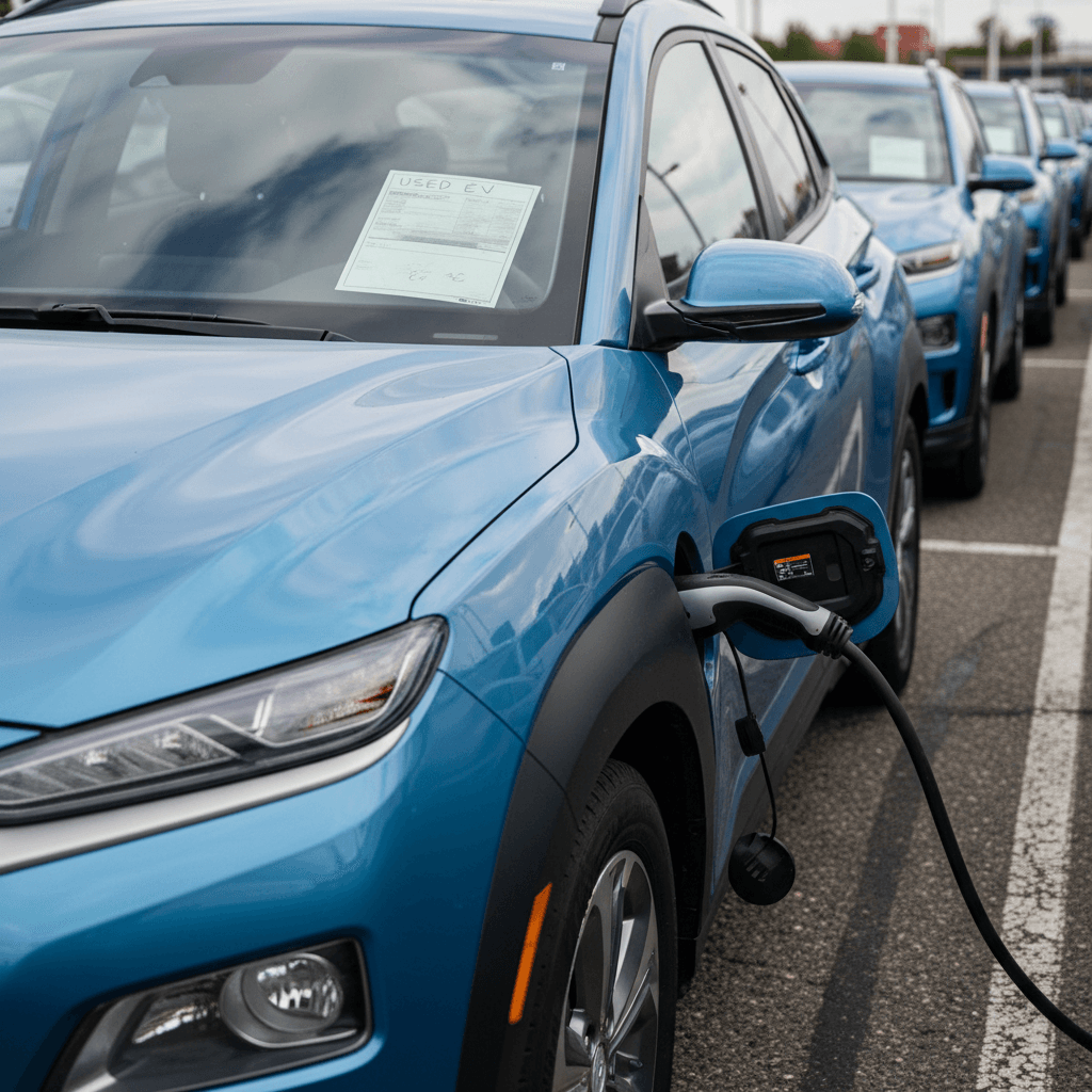 Row of used Hyundai Kona Electric SUVs at a dealership, highlighting their resale value potential in 2025