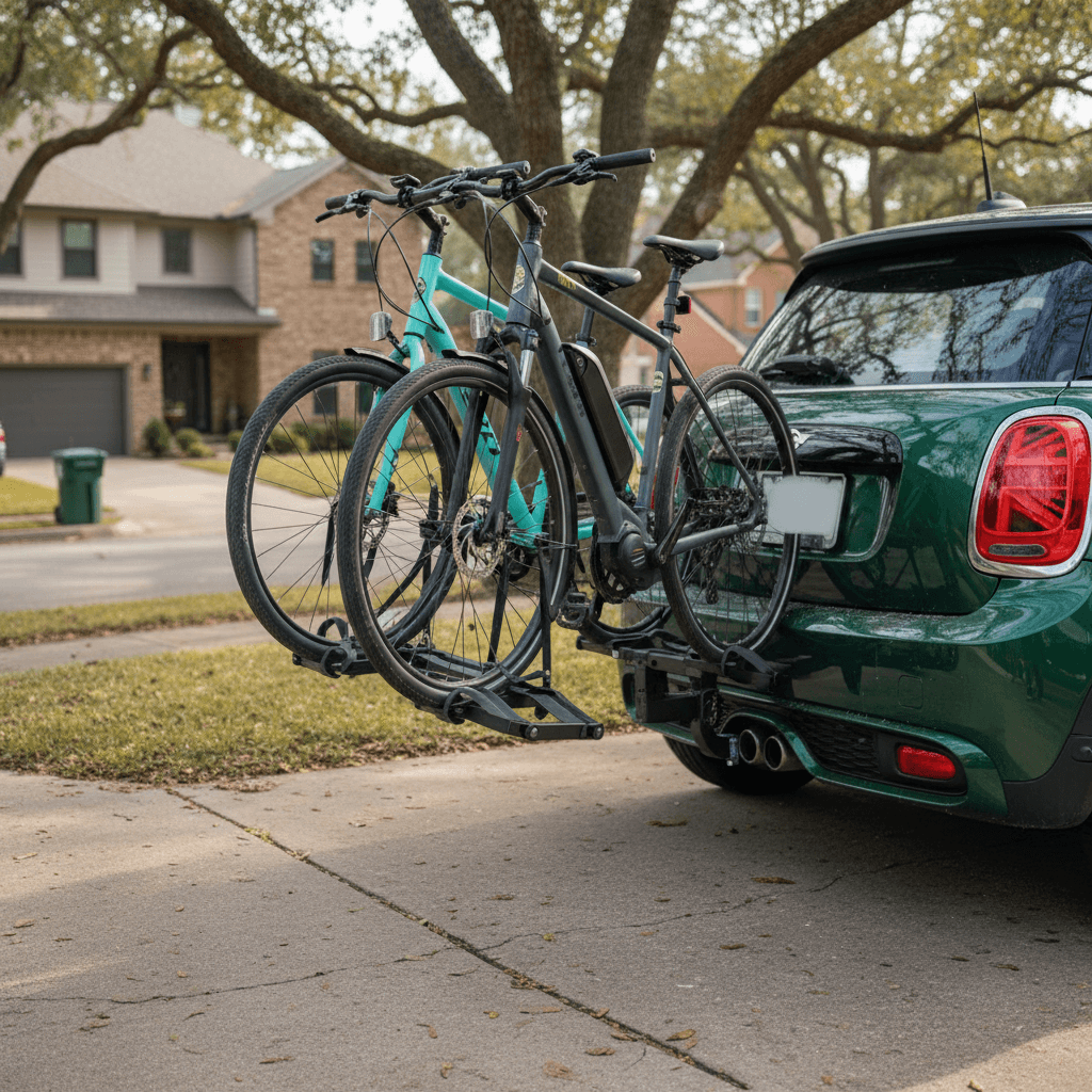 Mini Cooper SE with a small hitch-mounted bike rack attached at the rear in a driveway