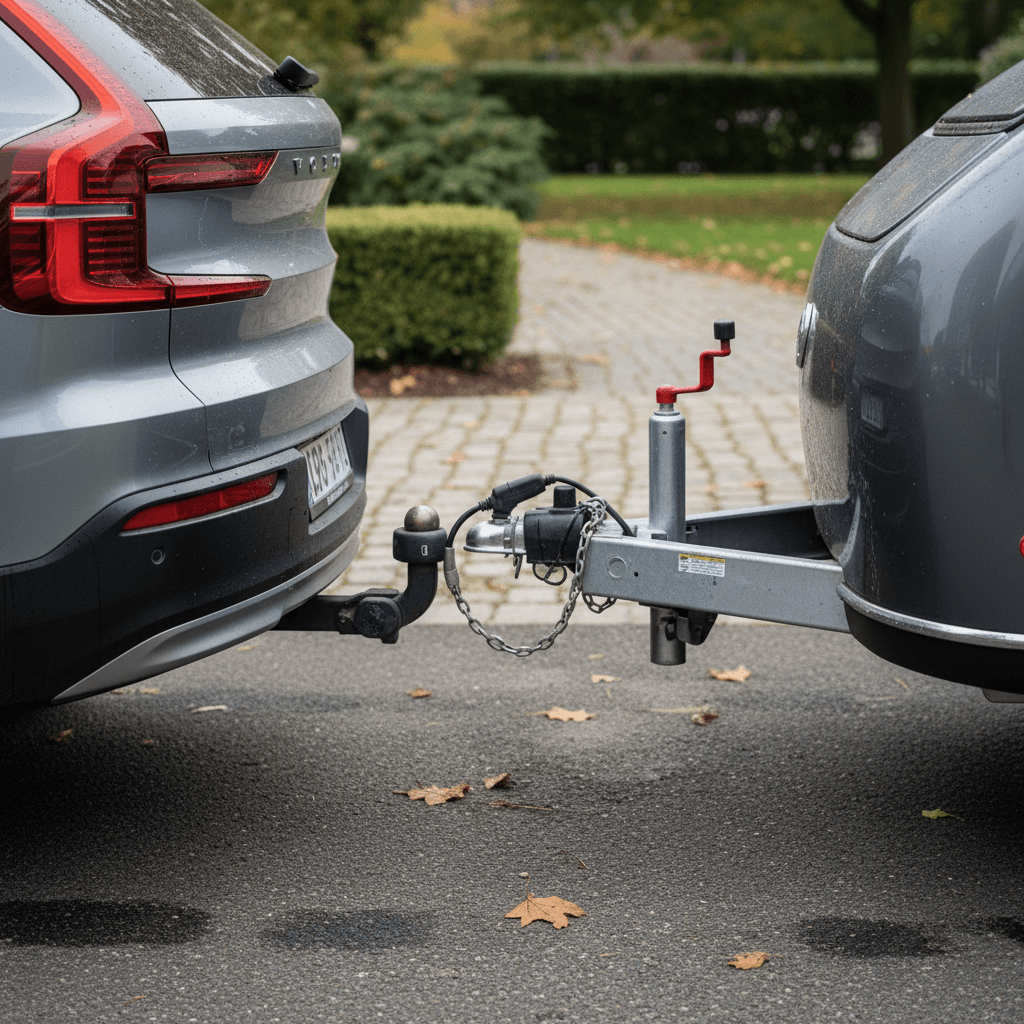 Volvo EX90 backed up to a small camping trailer with retractable tow hitch deployed in a residential driveway