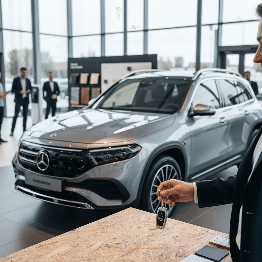 Seller and buyer shaking hands in front of a 2025 Mercedes EQB at a modern EV-focused dealership