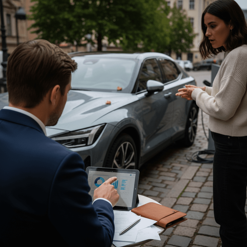 Driver discussing policy options with an insurance agent while a Polestar 2 is parked nearby