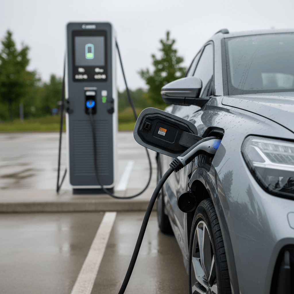 Audi Q4 e-tron plugged into a public DC fast charger, with charging status shown on station display