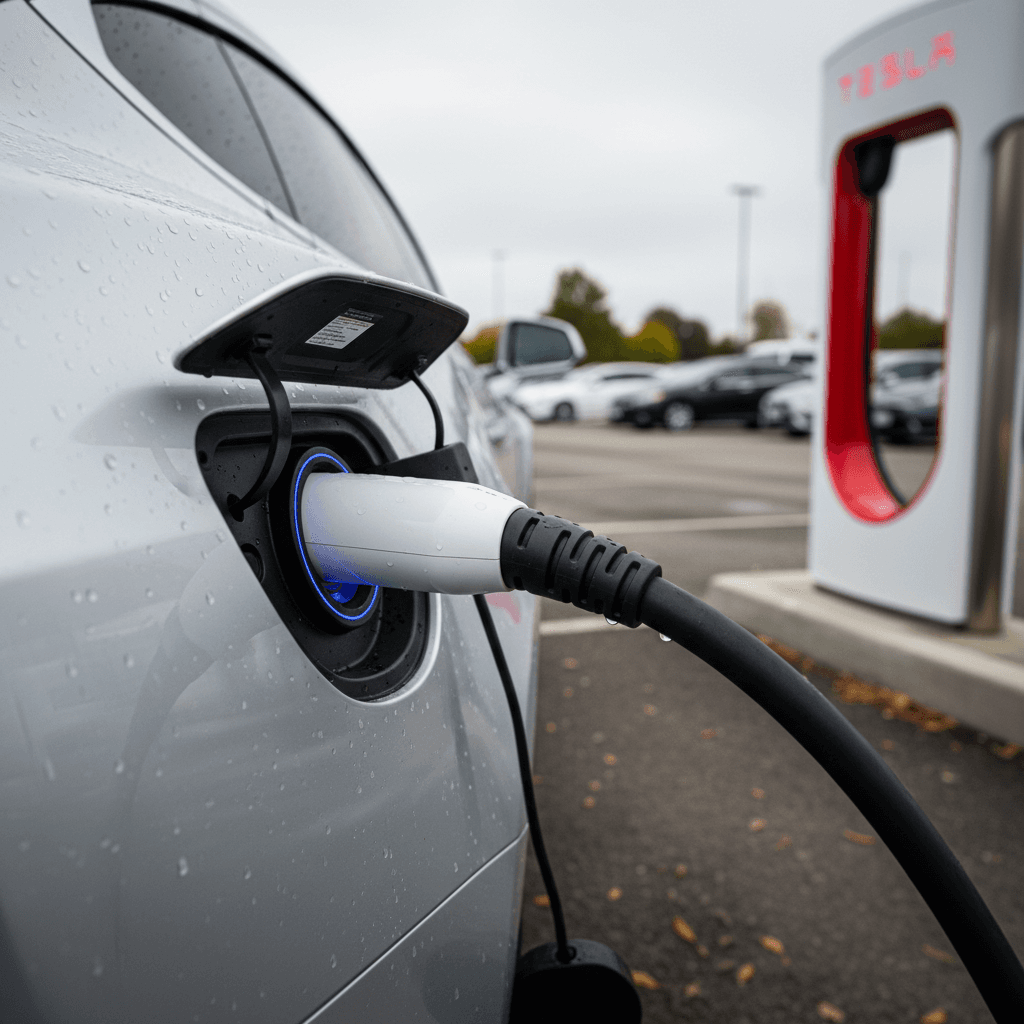 Tesla Model S plugged in at a Supercharger stall during fast charging