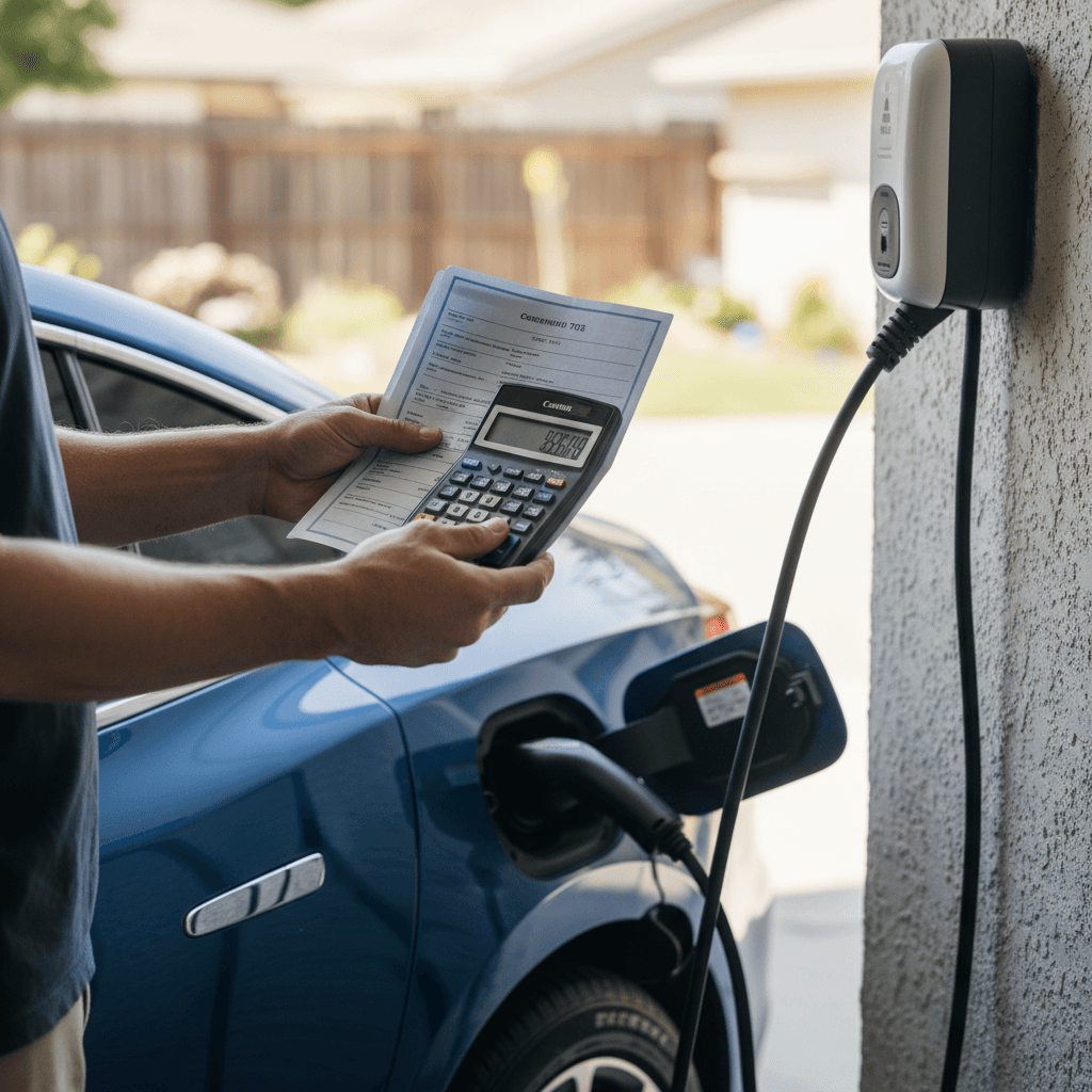 Person reviewing car title, calculator and paperwork next to an electric car plugged into a home charger
