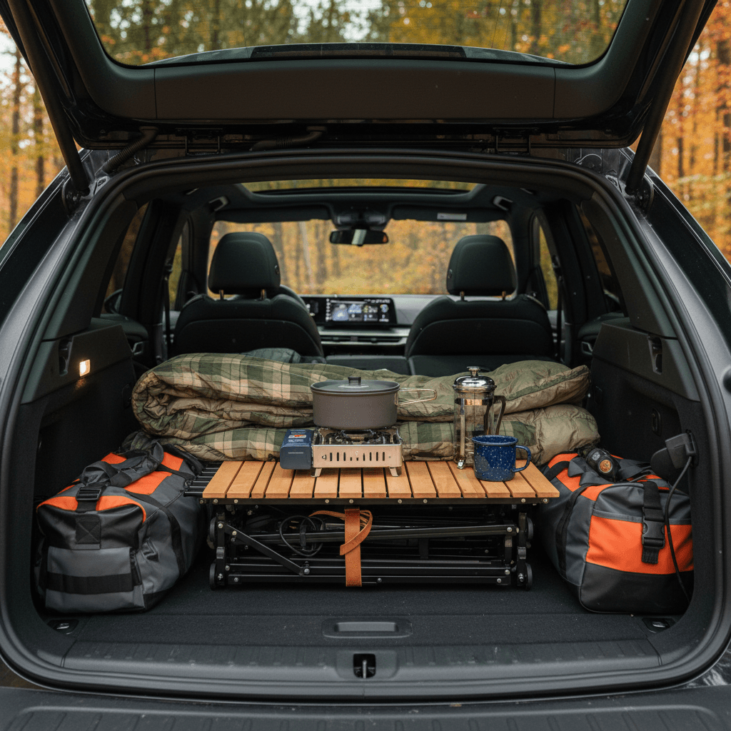BMW iX cargo area with rear seats folded flat and a minimalist camping layout with sleeping pad and duffel bag
