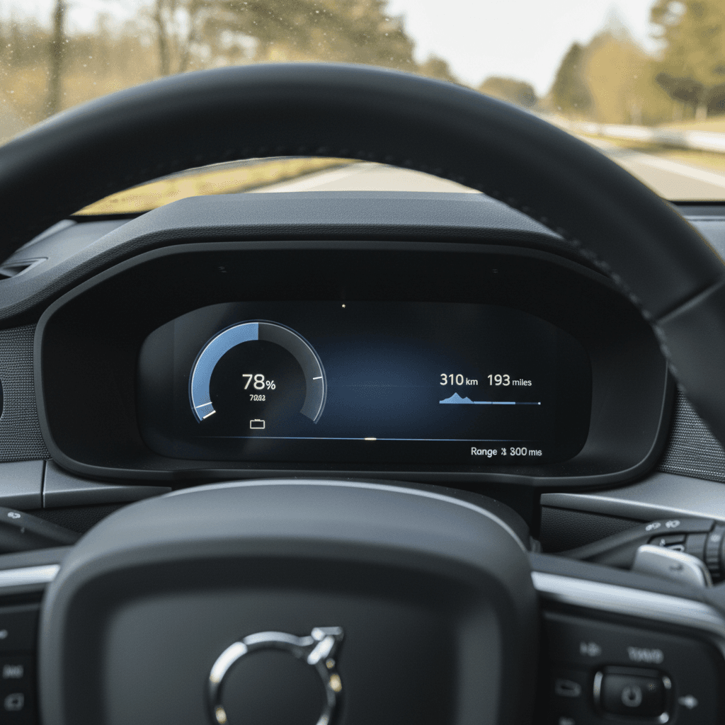 Polestar 2 digital driver display showing remaining battery and estimated range during a highway drive