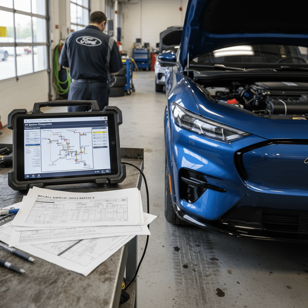 Ford Mustang Mach-E in a dealership service bay with a technician connecting diagnostic equipment to address recall work