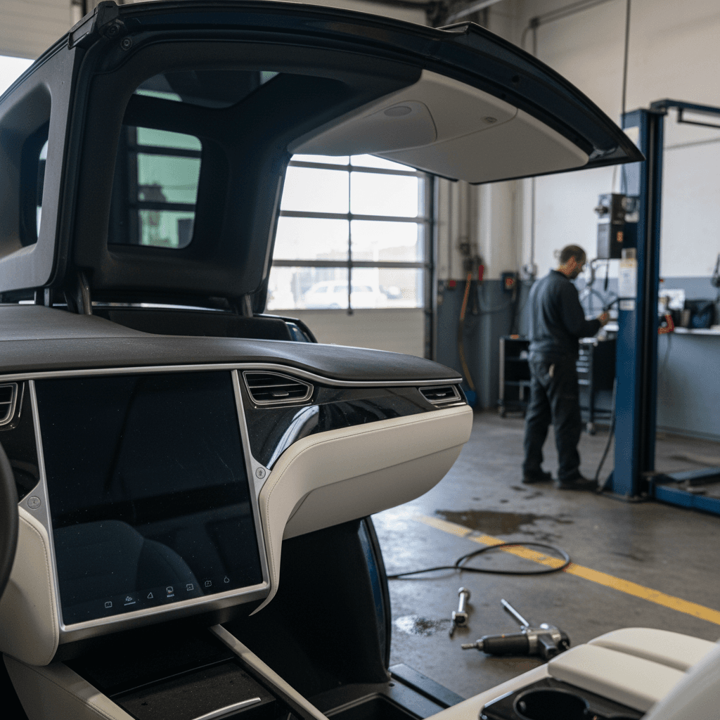 Technician inspecting 2024 Tesla Model X falcon‑wing door hinges and sensors in a service bay