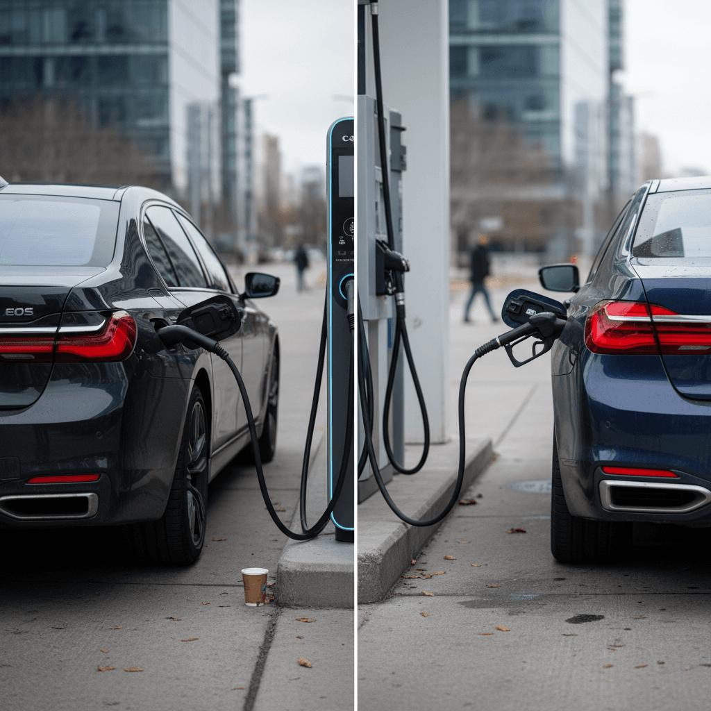BMW i7 charging while a gas BMW 7 Series refuels at a nearby pump, illustrating EV vs gas ownership