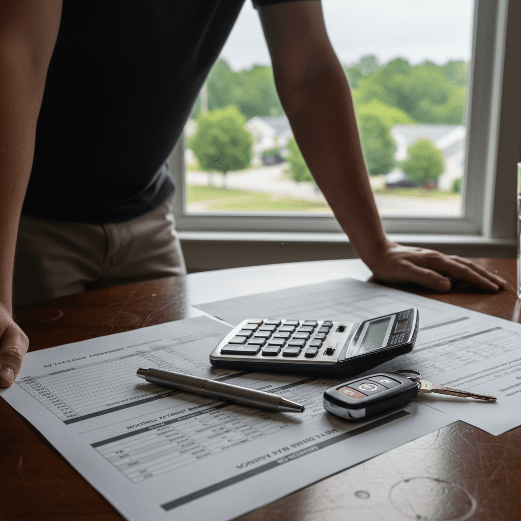 Maryland shopper reviewing electric vehicle lease options with monthly payment numbers highlighted