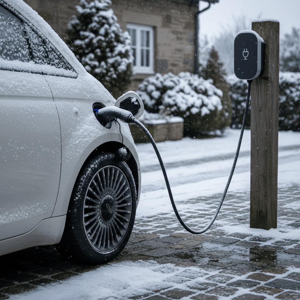 Fiat 500e charging at a home charger in a snowy driveway