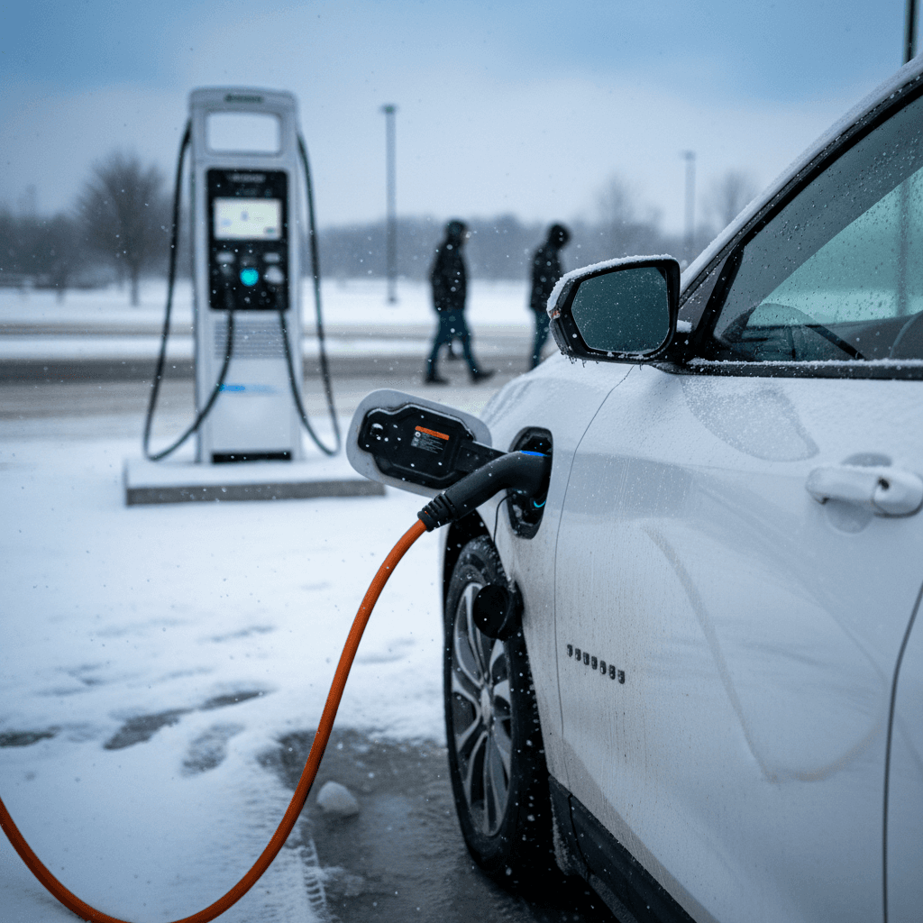 Chevrolet Equinox EV charging at a public fast charger in light snow, illustrating realistic winter driving range and charging behavior