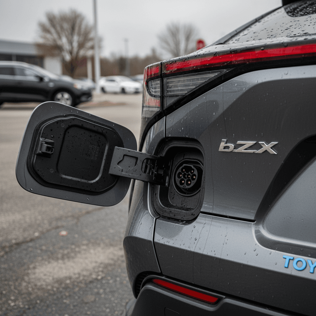 Used Toyota bZ4X rear three‑quarter view with charging cable plugged into port in dealership lot