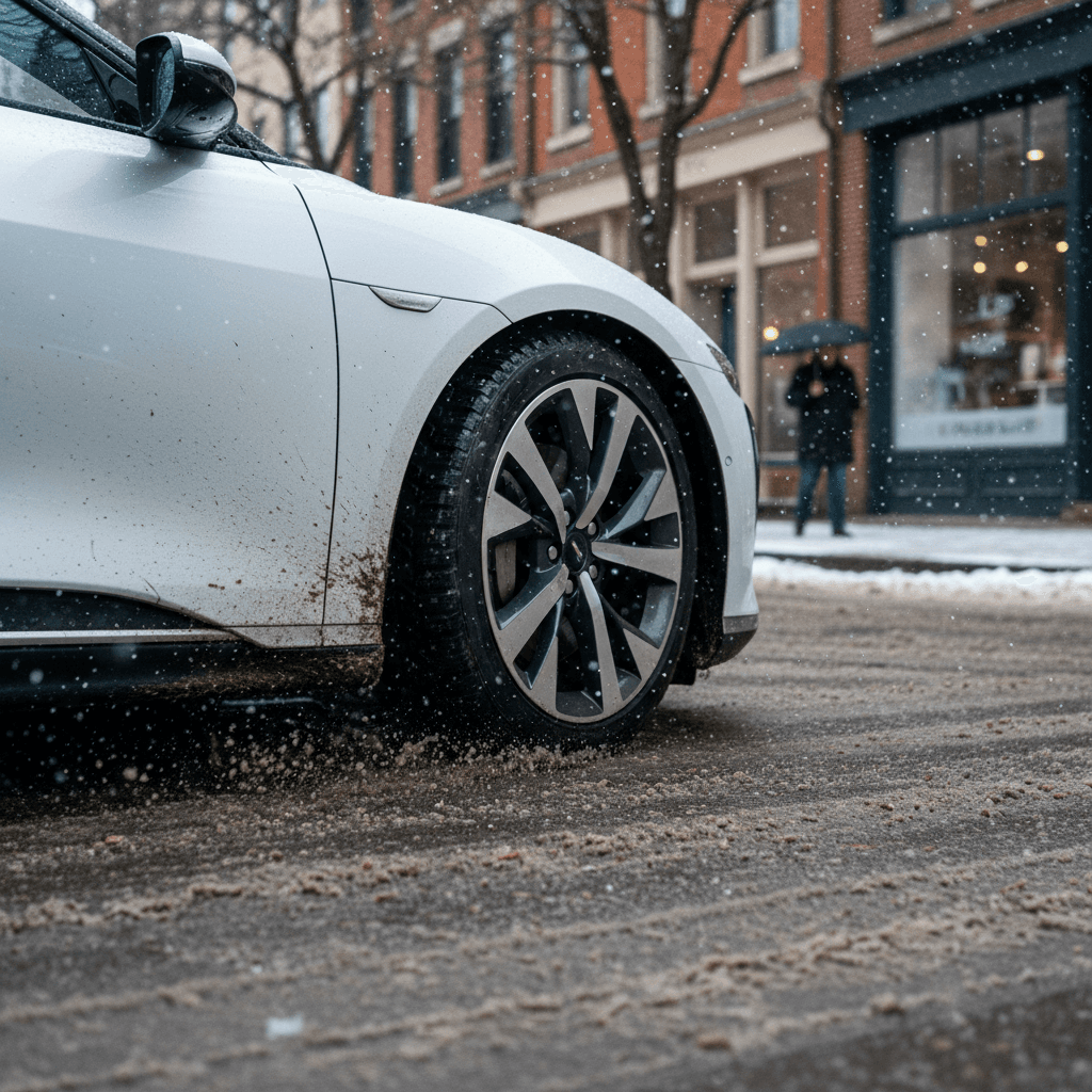 Lucid Air sedan driving through shallow slush on a plowed city street, highlighting its low, aerodynamic ride height in winter conditions