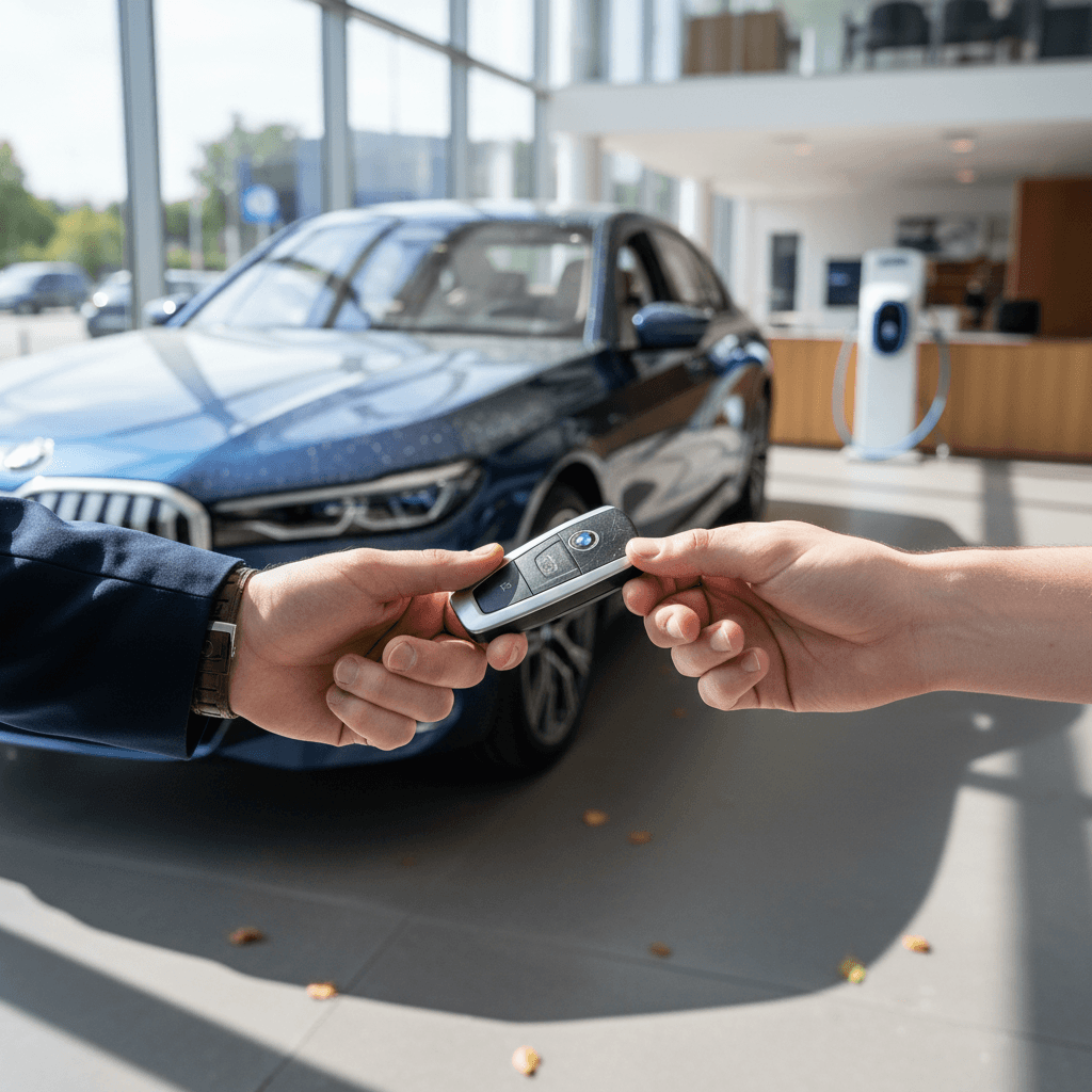 Seller and specialist reviewing a BMW i7 battery health report on a tablet in a showroom
