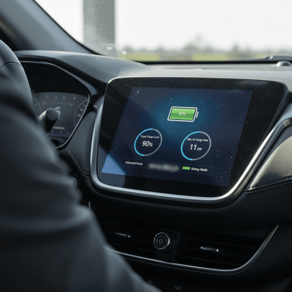 Chevrolet Equinox EV infotainment screen showing charging limit and scheduling options to protect battery life