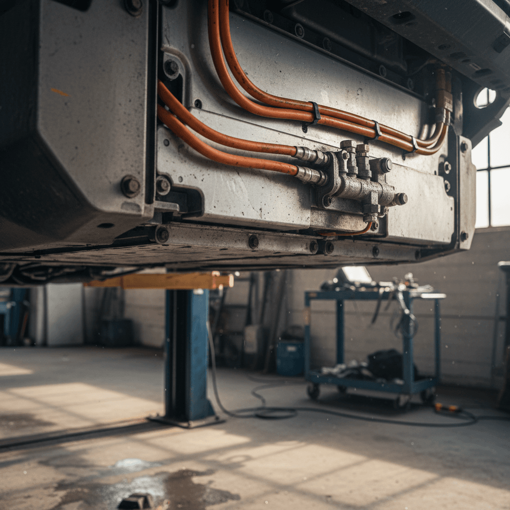 Electric car charging at a public station in snowy winter conditions