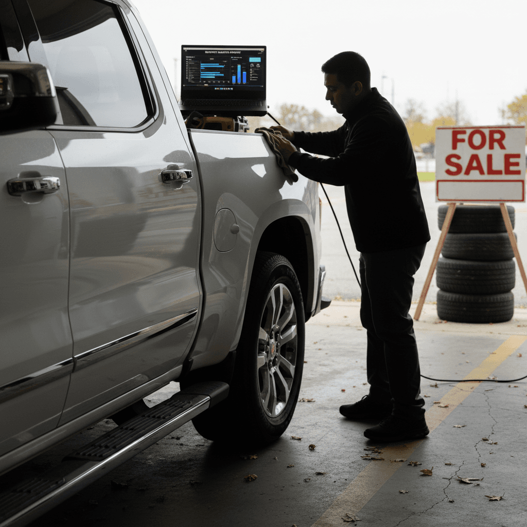 Owner preparing a Chevrolet Silverado EV for sale, cleaning the truck and reviewing a battery health report
