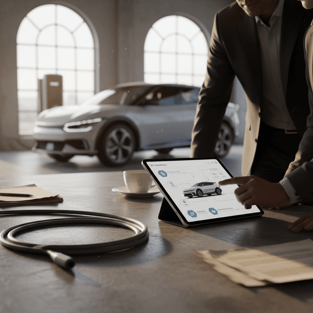 Driver and Kia EV6 owner reviewing insurance and total cost of ownership numbers together