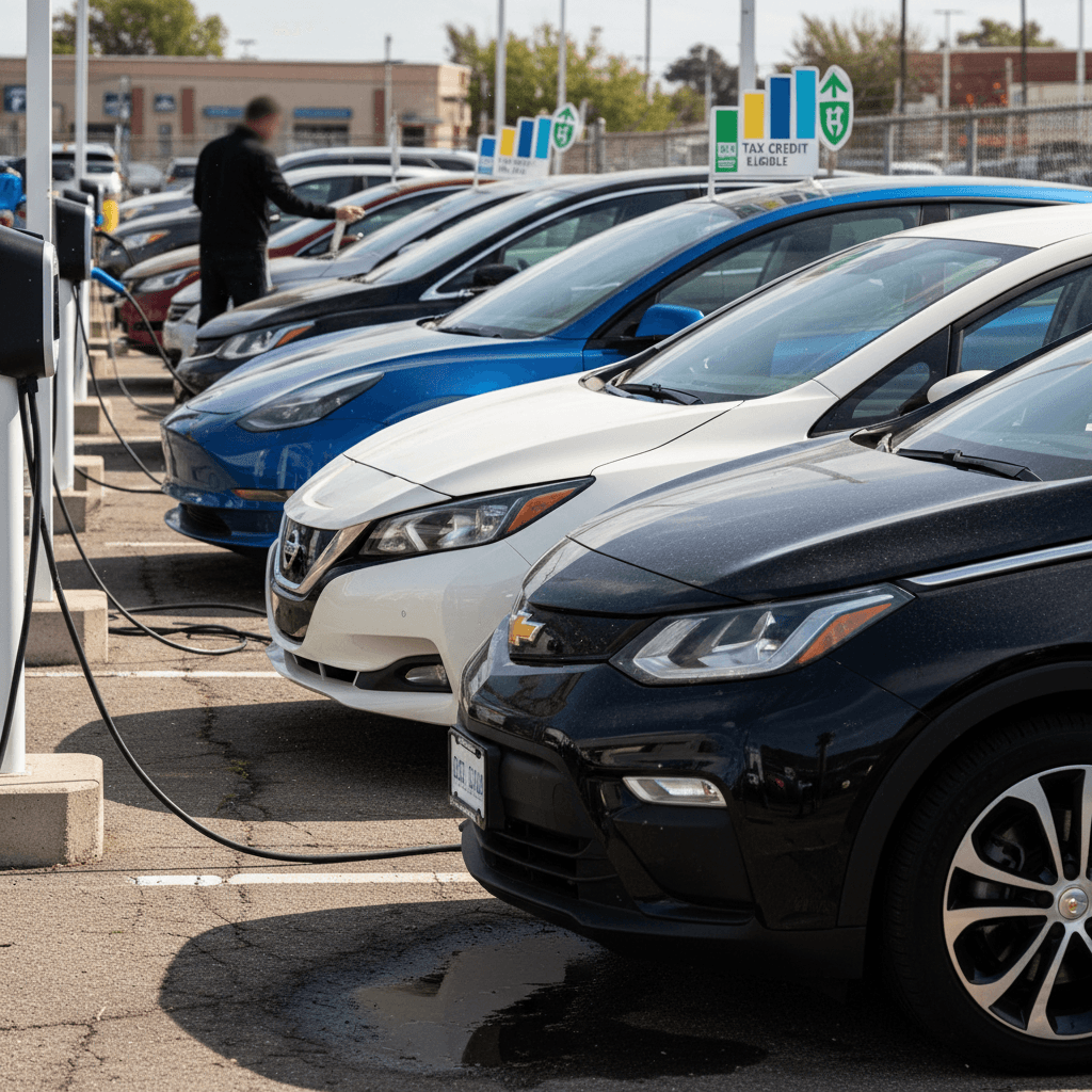 Electric vehicles displayed in a showroom with visible price tags on the windshields