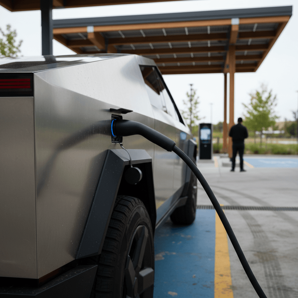 Tesla Cybertruck plugged into a DC fast charger at a modern charging plaza