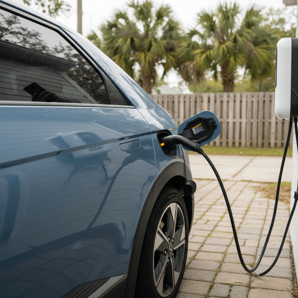 Seller charging a used Hyundai Ioniq 5 at home while taking photos to list it for sale online