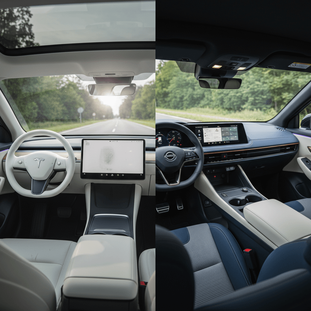 Side-by-side comparison of Tesla Model Y and Nissan Ariya interiors showing minimalist Tesla layout and upscale Nissan cabin with ambient lighting