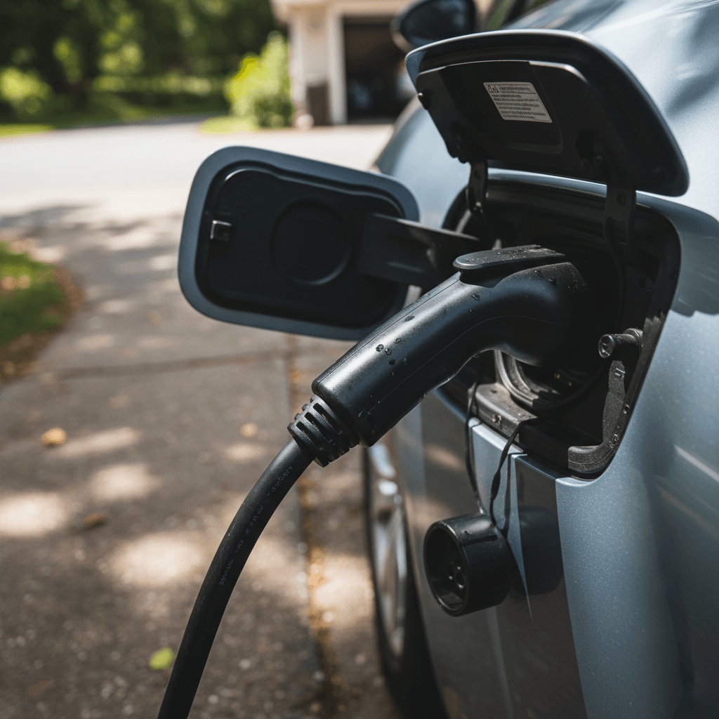 Electric car plugged into a home charger in a shaded driveway on a sunny summer afternoon
