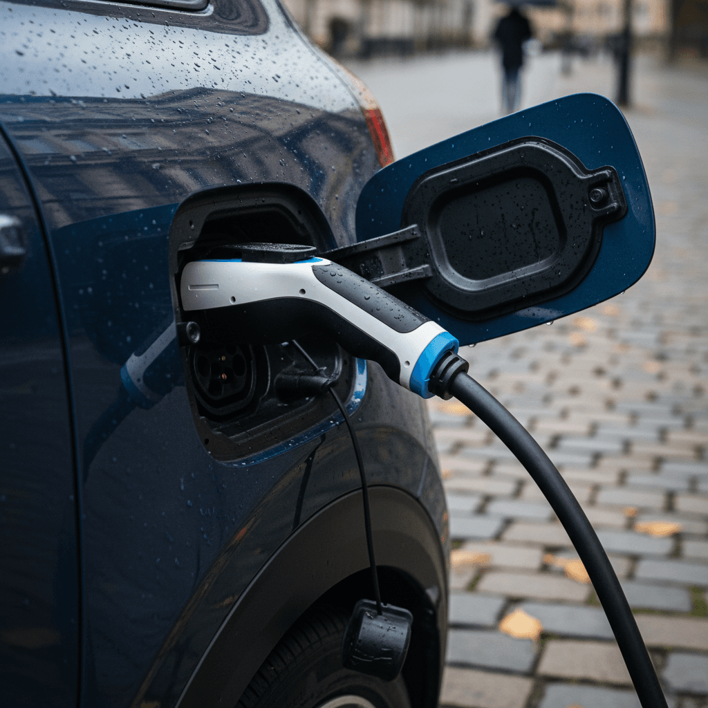Close-up of an EV charging cable connector being inspected for wear and dirt