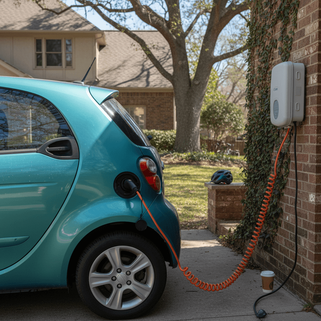 Compact electric hatchback plugged into a home wallbox charger in a suburban driveway, ideal first car for a new driver
