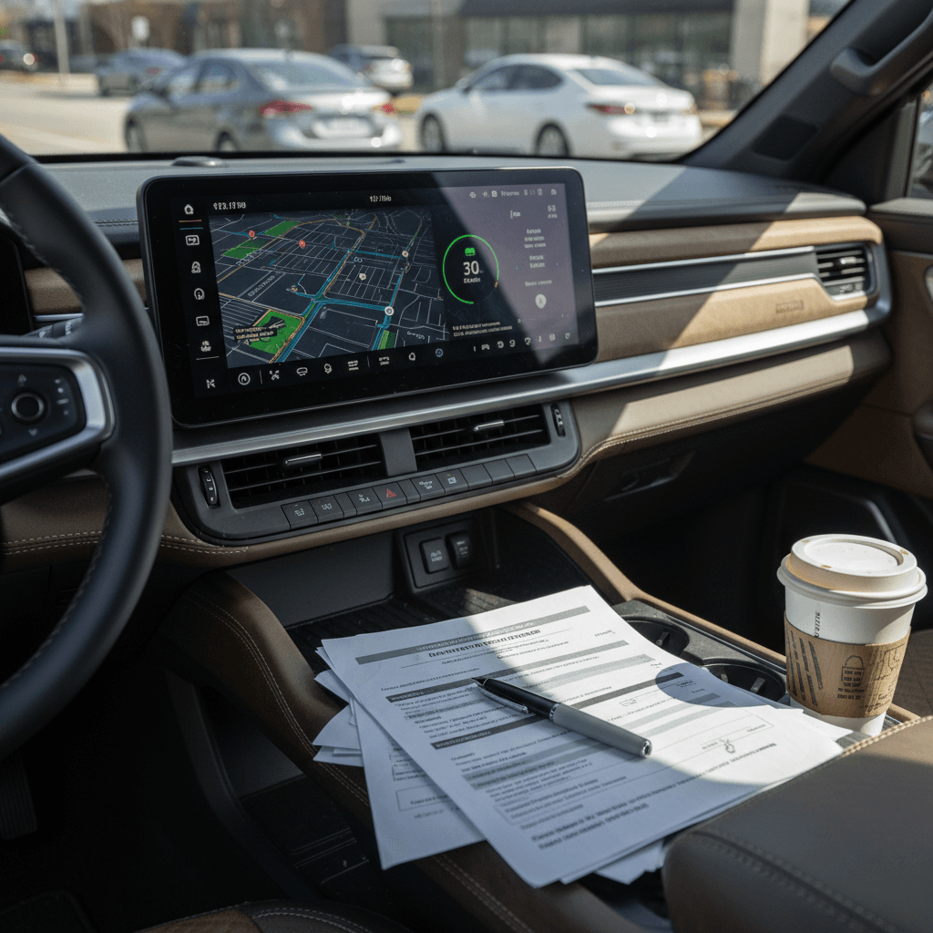 Rivian R1T interior with digital dash and loan documents on the center console, suggesting financing discussions