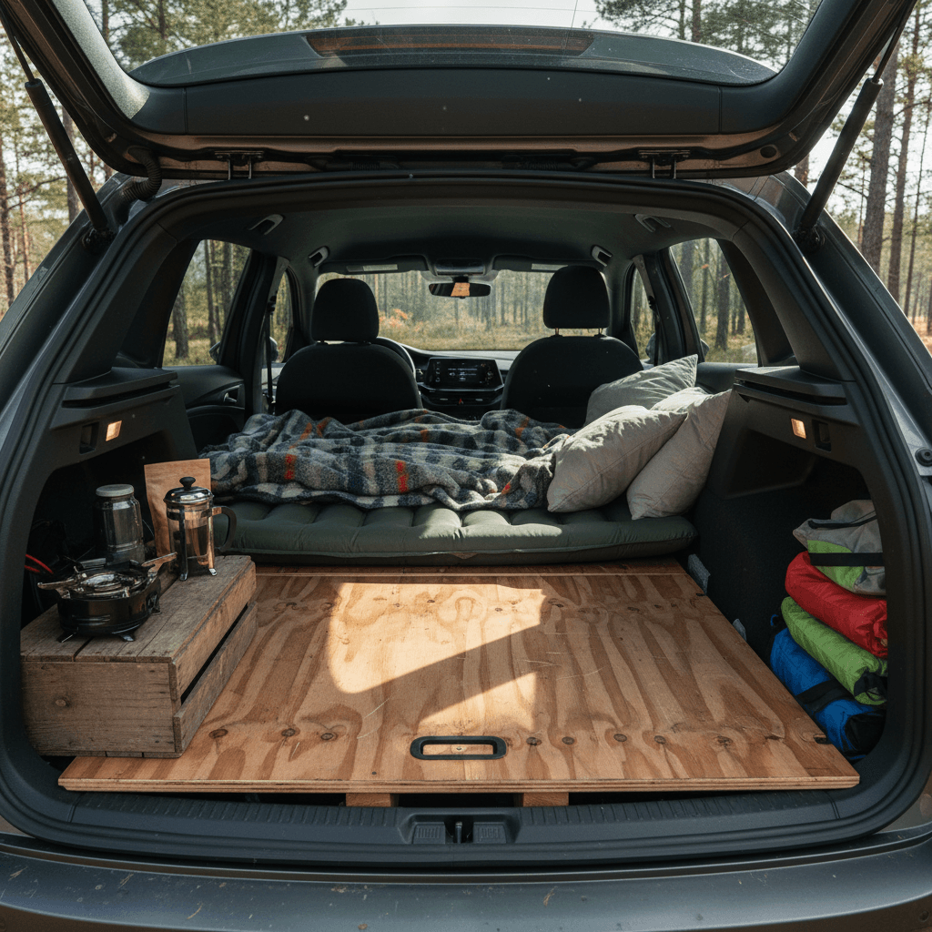 Volkswagen ID.4 rear seats folded down with a compact sleeping platform and camping gear arranged in the cargo area
