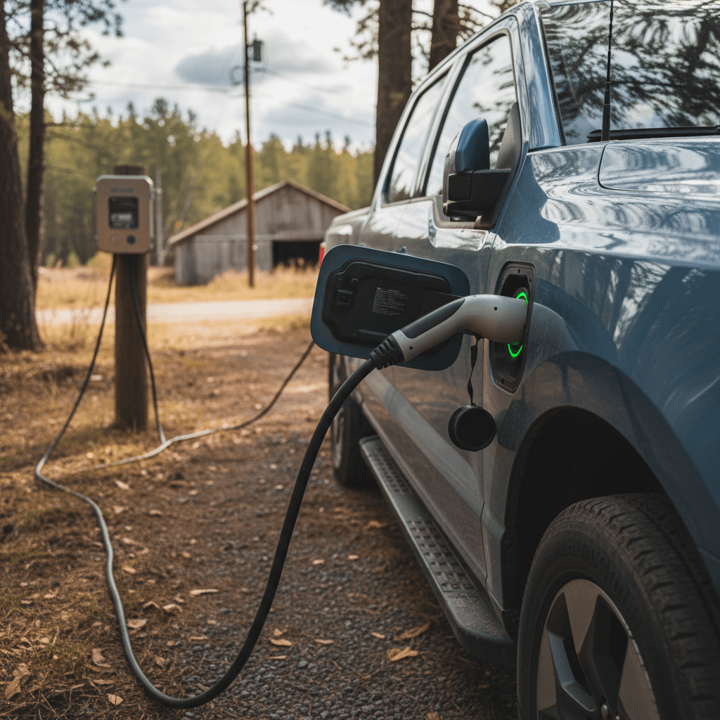 Ford F-150 Lightning electric pickup truck connected to a public charging station