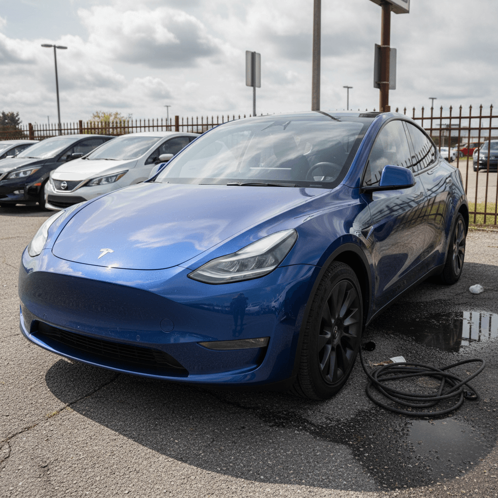 White 2022 Tesla Model Y parked on a dealer lot, highlighting exterior design and wheels