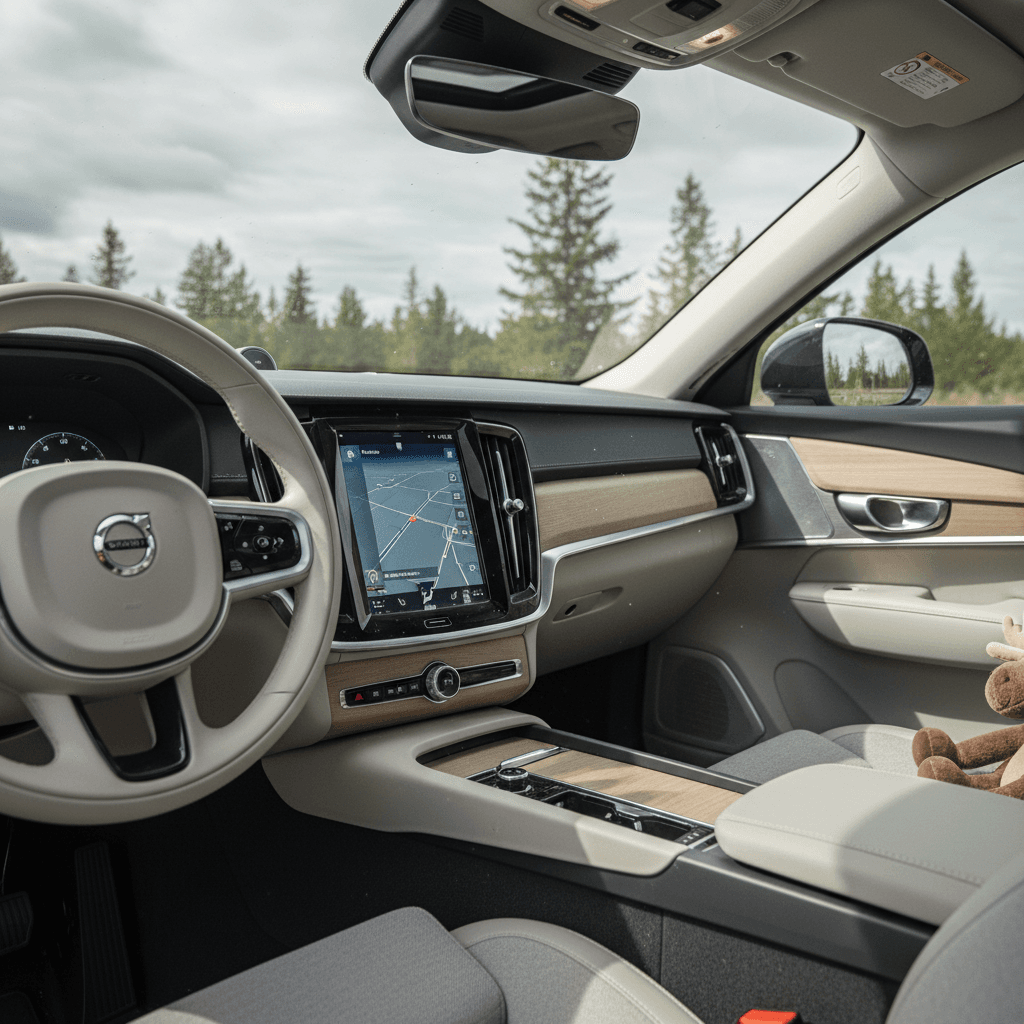 Driver’s view of the 2026 Volvo EX90 interior with large center touchscreen, minimalist dash, and airy panoramic glass roof