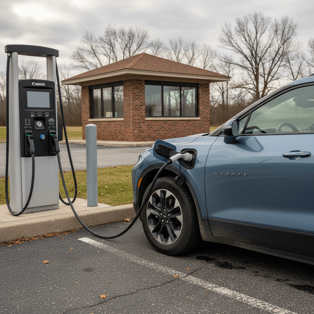 Chevy Blazer EV plugged into a DC fast charger at a highway rest stop, highlighting road trip charging