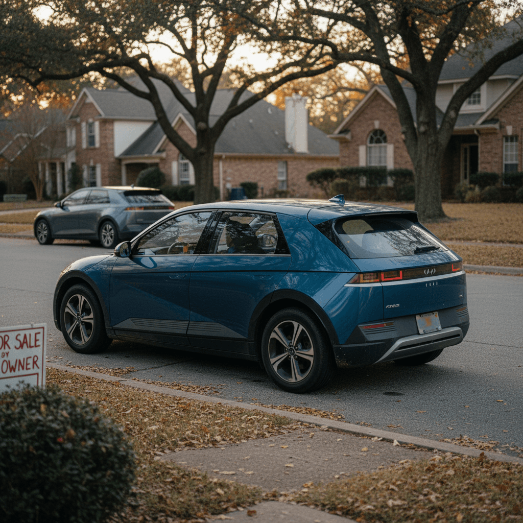Small electric hatchback driving through a modern city street, highlighting urban-friendly size.