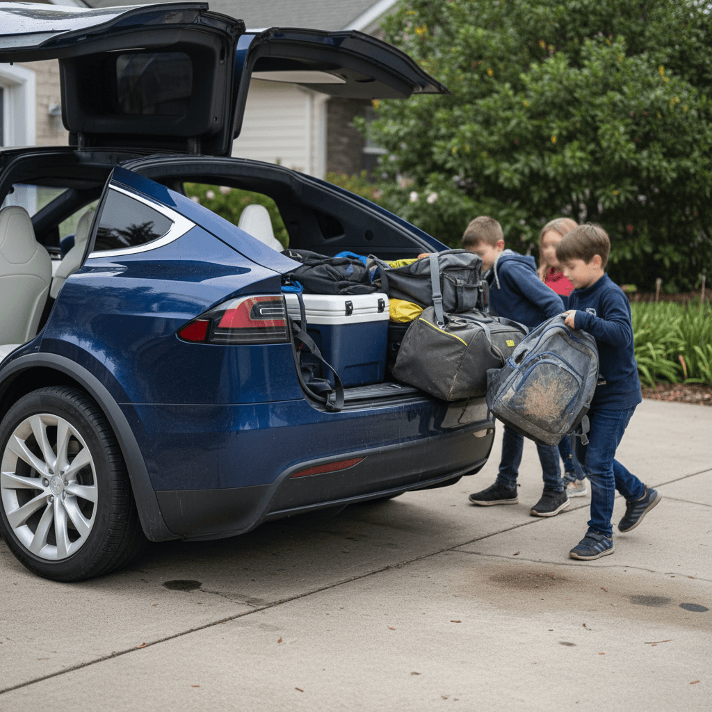 Tesla Model X parked in a suburban driveway with falcon wing doors open and a family loading the rear seats