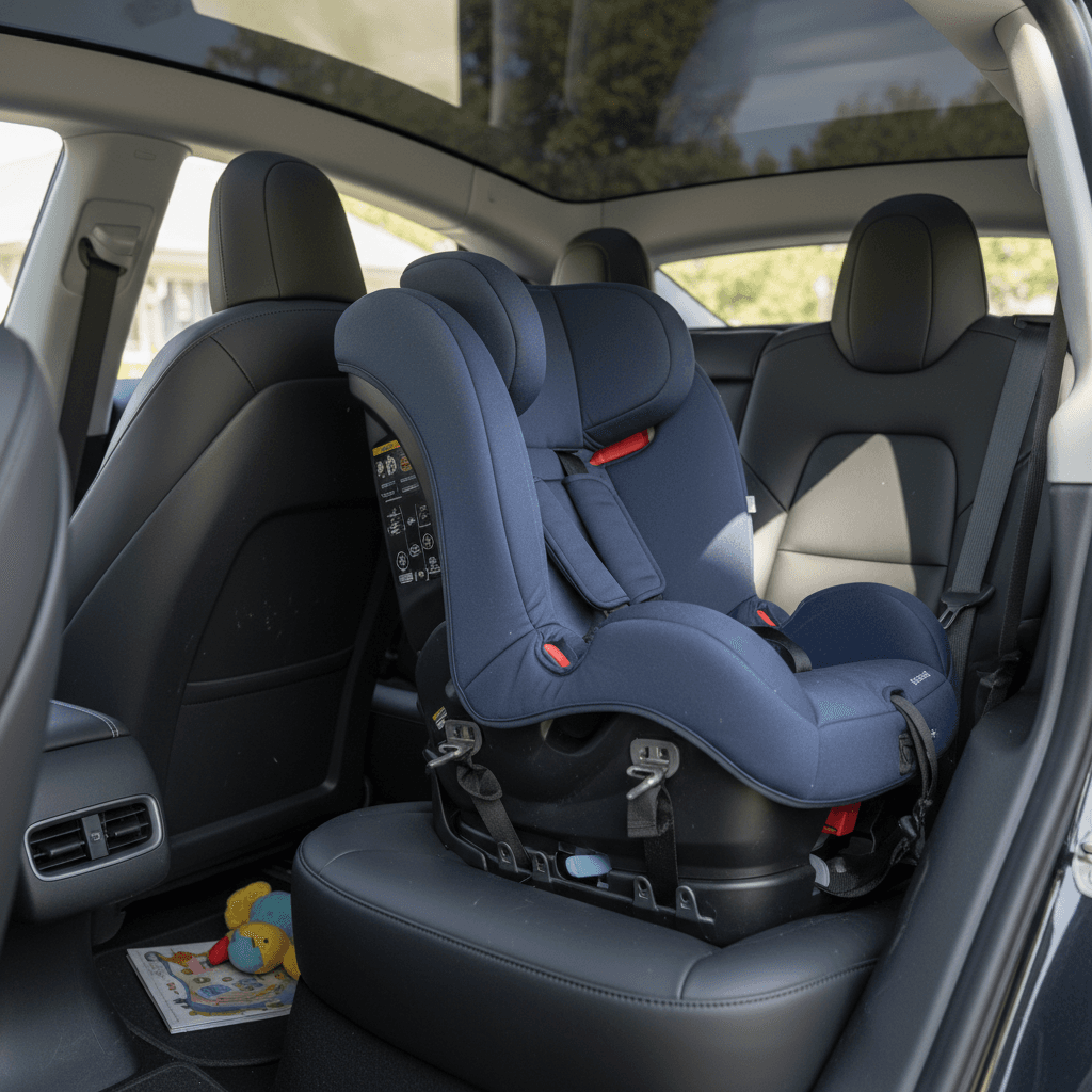 Child car seat installed in the rear seat of a Tesla Model 3 using LATCH anchors
