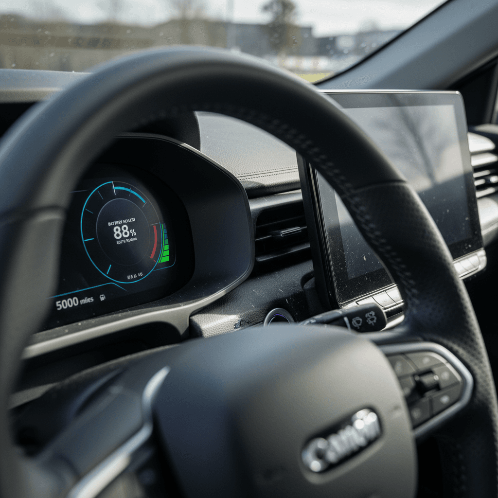 Used electric car interior showing a digital display with battery state of health and an odometer reading around 50,000 miles