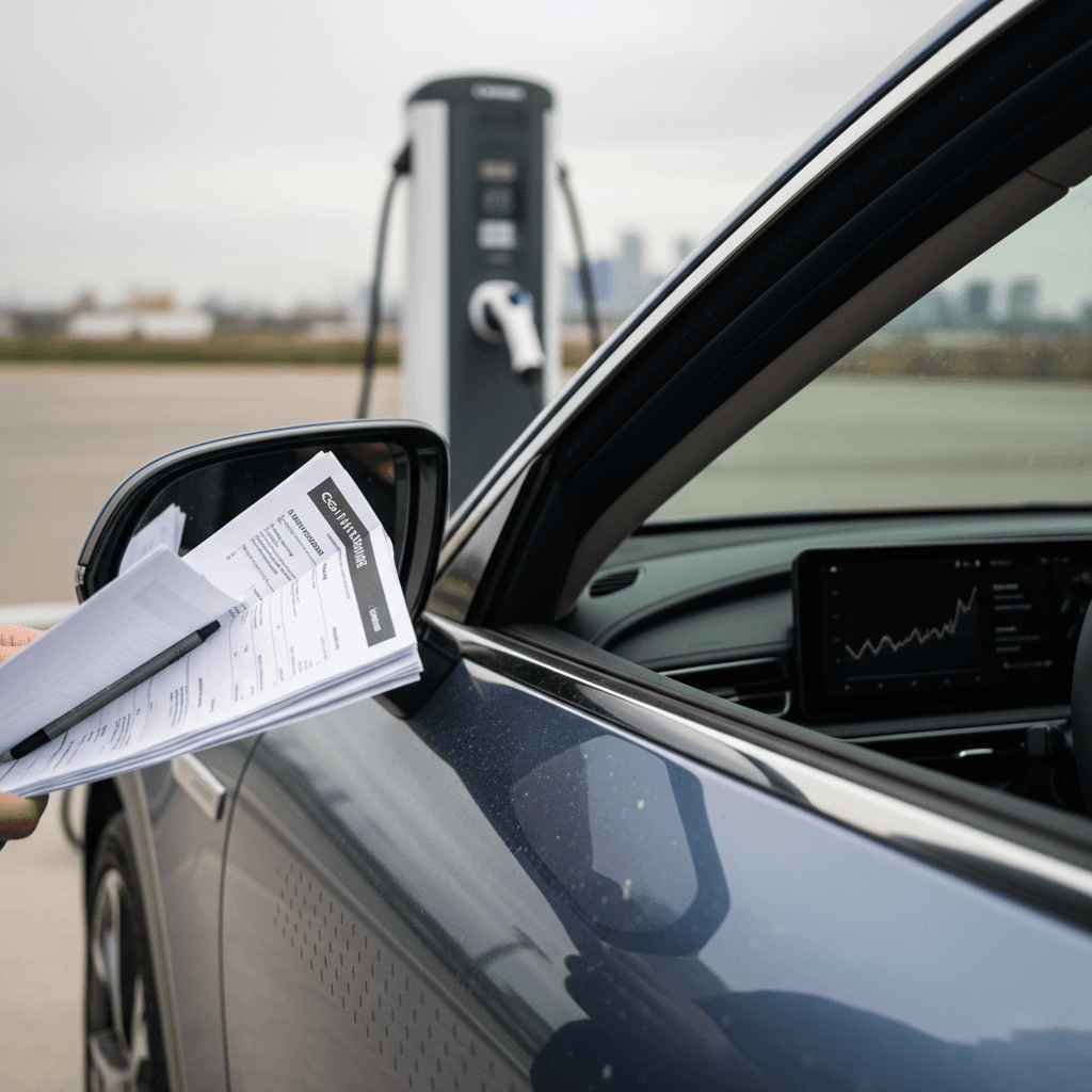 Driver reviewing Genesis GV60 insurance policy details and cost estimates at a desk
